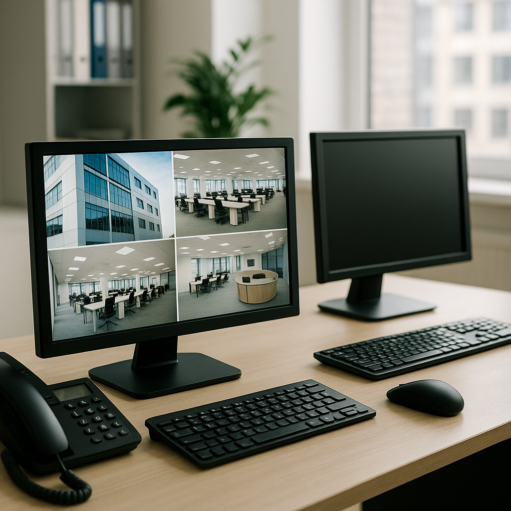 CCTV-monitor met live camerafeeds in een zakelijke beveiligingsomgeving